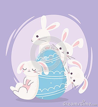 Happy easter day, white rabbits decorative blue egg cartoon Vector Illustration