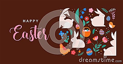 Happy Easter, decorated geometric style Easter card, banner. Bunnies, Easter eggs, flowers and basket. Modern minimalist Vector Illustration