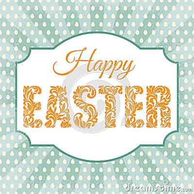 Happy Easter. Decorative Font with swirls and floral elements on a background with rays and eggs. Vector Illustration