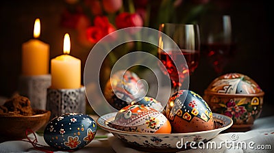 Happy Easter dinner with folk decorated eggs. AI generated image Stock Photo