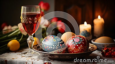 Happy Easter dinner with folk decorated eggs. AI generated image Stock Photo