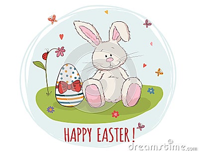 Happy Easter! Easter bunny and egg in grass. Vector greeting card Vector Illustration