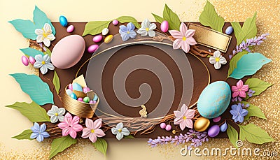happy easter, easter eggs, golden eggs, golden flowers, golden easter purple easter, easter design Stock Photo