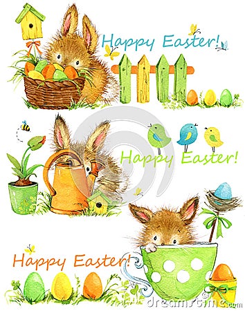 Happy Easter. Easter elements Set of banners. cute bunny hand draw watercolor illustration Cartoon Illustration