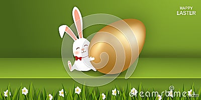 Happy Easter. Easter Rabbit Bunny with realistic gold egg, grass, flowers on green background. Cute, funny cartoon Vector Illustration