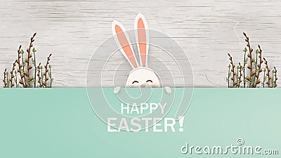 Happy Easter. Easter Rabbit Bunny standing behind a blank sign, showing on big sign. Smiling Cute, funny cartoon rabbit Vector Illustration