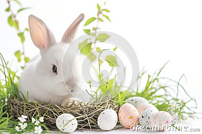 Happy easter easter wisteria Eggs Blossom Basket. White Elegant Bunny Reparation. holy week background wallpaper Cartoon Illustration