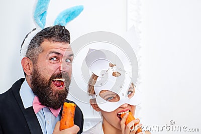 Happy easter egg couple. Funny easter. Cute bunny rabbit. Easter bunny dress. Stock Photo