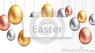 Happy easter. Egg hunting banner, celebrating poster with hanging gold eggs. Isolated springtime festive religion Vector Illustration