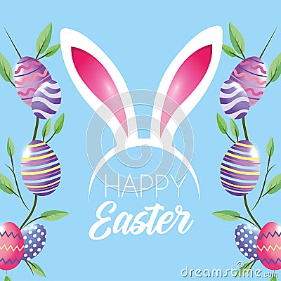 Happy Easter eggs decoration with plants leaves and rabbit ears diadem Vector Illustration