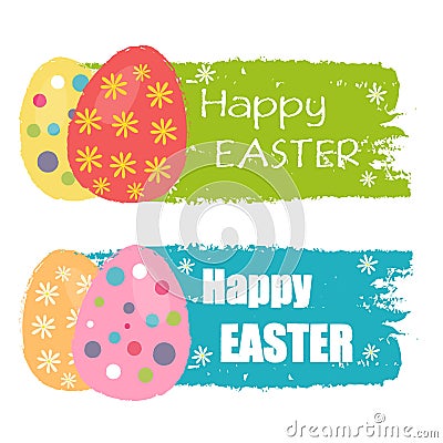 Happy Easter and eggs with flowers, drawn labels Stock Photo