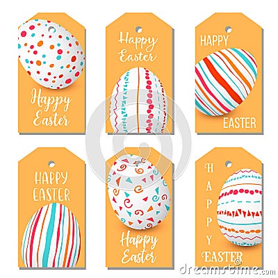 Happy Easter eggs golden labels set. 6 ribbon tags collection. colorful eggs designed as labels. Simple decorated ornaments. Cartoon Illustration