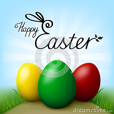 Happy Easter. Eggs with green grass. Blue sky with rays as background. Vector Illustration