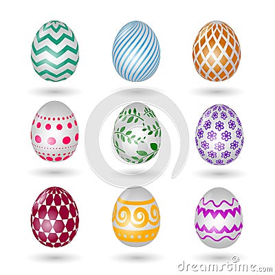 Happy easter eggs icons. Colored vector paschal egg set with decoration pattern isolated on white background Vector Illustration