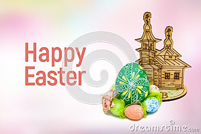 Happy Easter eggs on pink background Stock Photo