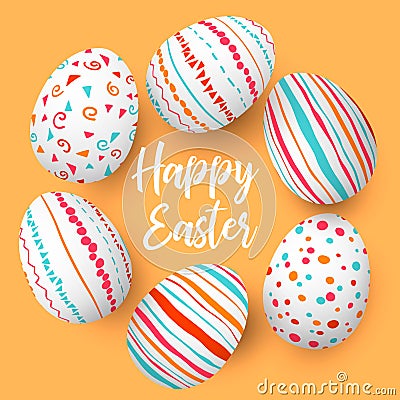 Happy Easter eggs in a row with text. Colorful easter eggs in circle on golden background. hand font. Cartoon Illustration
