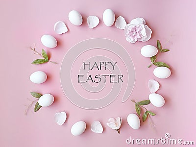 Happy Easter Eggs spring holiday with spring flowers petal and yellow copy space on pink background concept copy space Stock Photo