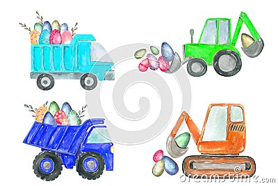 Happy Easter eggs truck clipart. The boy is an egg hunter. Dump truck, excavator, tractor, bulldozer construction Stock Photo