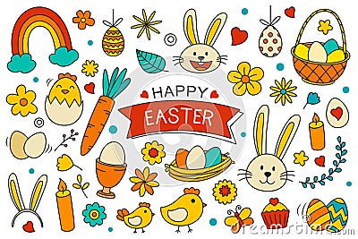 Happy easter elements design. Easter set with object and decorations on white background Vector Illustration
