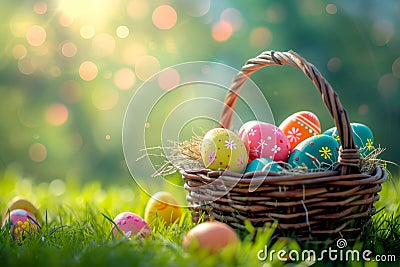 Happy easter fiber Eggs Spring Basket. Easter Bunny jest Yule. Hare on meadow with banter easter background wallpaper Cartoon Illustration