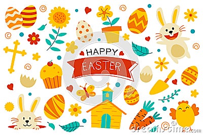 Happy easter flat color elements design. Easter set with object and decorations on white background Vector Illustration