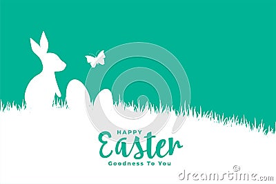 Happy easter flat style card with rabbit on grass Vector Illustration