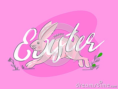 Happy Easter Font with Cartoon Bunny Running on Pink Stock Photo