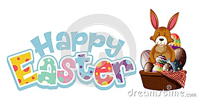 Happy Easter font design with easter bunny and eggs in basket Vector Illustration