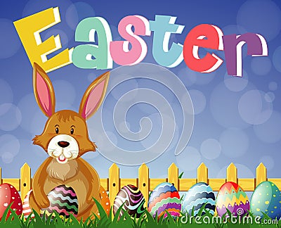 Happy Easter font design with bunny and eggs in garden Vector Illustration