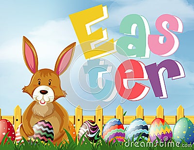 Happy Easter font design with bunny and eggs in garden Cartoon Illustration