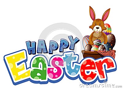 Happy Easter font design with easter bunny and eggs Vector Illustration