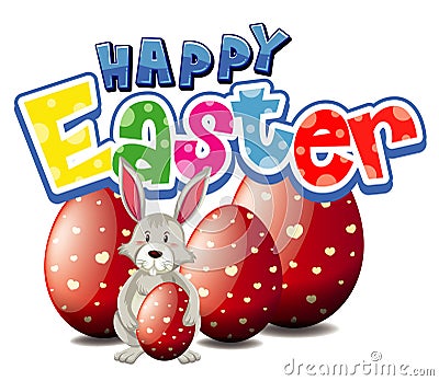 Happy Easter font design with bunny and eggs Cartoon Illustration