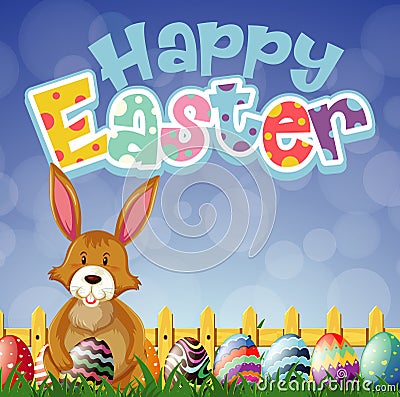 Happy Easter font design with bunny and painted eggs in garden Vector Illustration