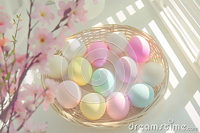 Happy easter Fragrant arrangement Eggs Easter Bunny Plush Basket. White brilliant Bunny amusing. sympathy card background Cartoon Illustration