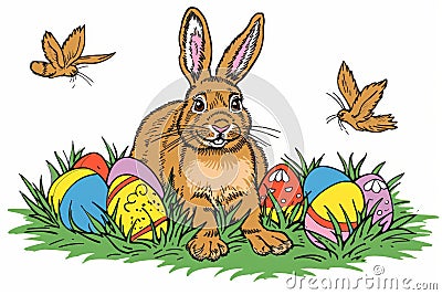 Happy easter furry Eggs Daffodils Basket. White Festivities Bunny animated. good friday background wallpaper Cartoon Illustration