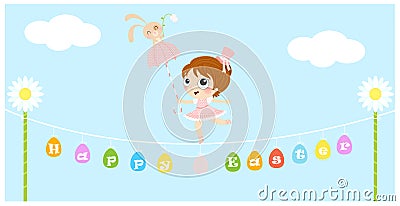 Happy Easter girl and bunny circus card Stock Photo