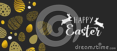 Happy Easter gold banner with eggs and rabbits Vector Illustration