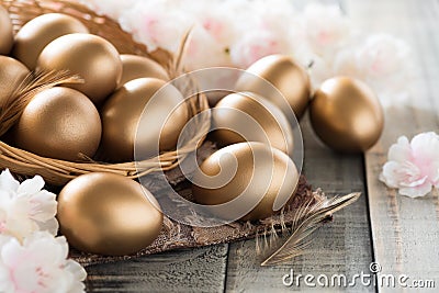 Happy easter! golden of Easter eggs in nest with pink flower and Feather on wooden background Stock Photo