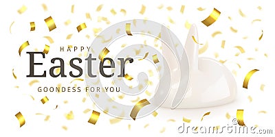 Happy Easter. Goodness for you. Festive card with white rabbit figurine of congratulatory text surrounded by streamer confetti. Vector Illustration