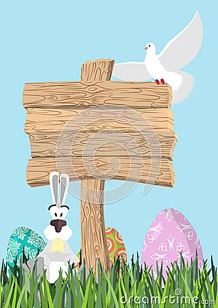 Happy Easter. Green grass. Colorful Easter eggs. Traditional treats for Easter. Wooden plaque. Wooden pointer. Colored eggs. Vector Illustration