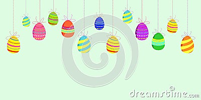 Happy Easter greeting banner with colored eggs. Multi-colored painted eggs are hung on ropes Vector Illustration