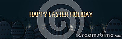 Happy Easter greeting banner with a gold lettering. Paper cut Layered Eggs Hunt. Holiday symbol for fashion, shopping Vector Illustration