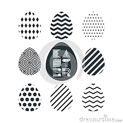 Happy Easter greeting card, banner or poster design template. Geometric lettering, black and white Easter eggs. Vector Illustration