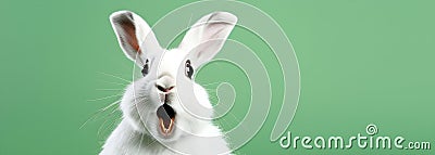 Happy Easter greeting card banner - White Easter bunny rabbit who looks amazed or scared, mouth opened, isolated on green Stock Photo