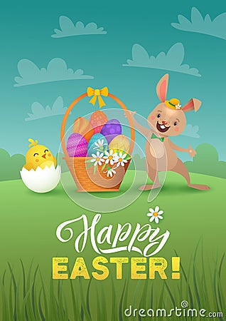 Happy Easter Greeting Card with Bunny and Chicks. White Cute Easter Bunny with Egg. Vector illustration Vector Illustration