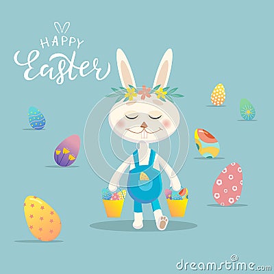 Happy Easter greeting card. Easter Bunny with colorful eggs. Vector Design for holiday invitation, banner, card, poster Vector Illustration