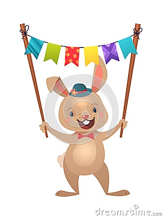 Happy Easter Greeting Card with Bunny and Flag Garland. Cute Easter Bunny with Colorful Egg. Vector illustration Vector Illustration