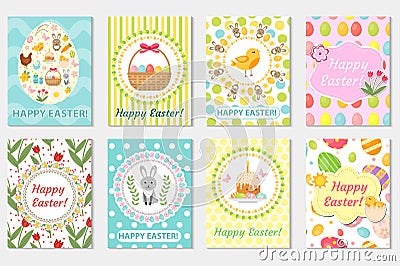 Happy Easter greeting card collection, flyer, poster. Spring cute set of templates for your design. Vector illustration Vector Illustration