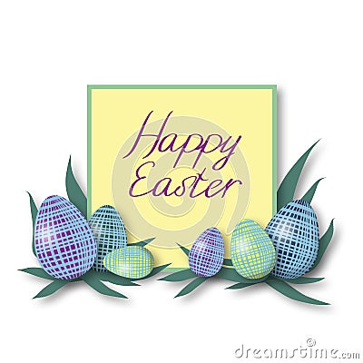 HappyHappy Easter Greeting Card with Colorful Eggs and green frame with color purple text Stock Photo