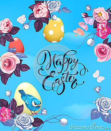 Happy Easter greeting card with colorful eggs, half-colored rose flowers and pretty little bird against blue spring sky Vector Illustration